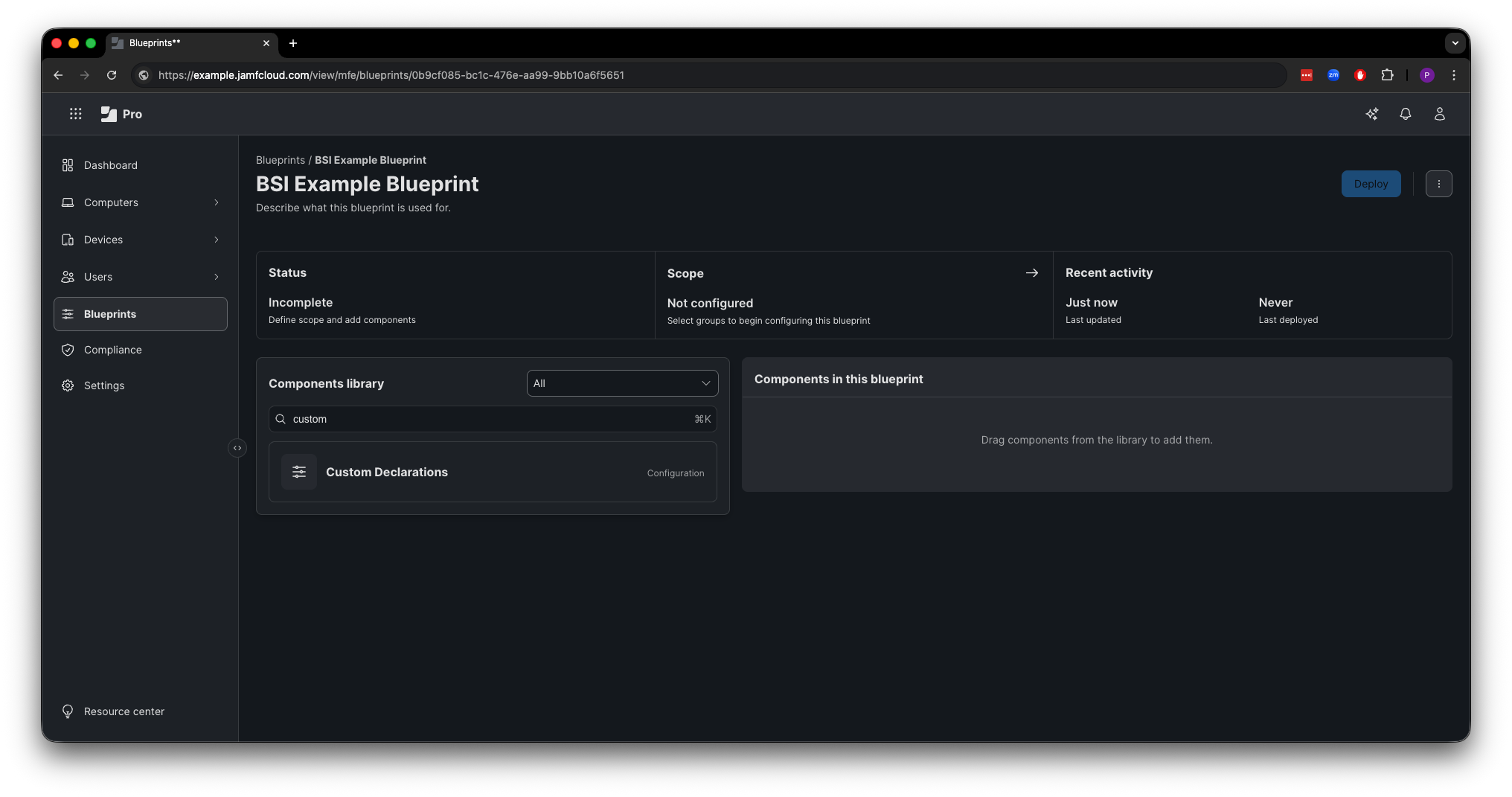 Image of Jamf Pro Blueprint editor with the Custom Declarations selected in the components library.