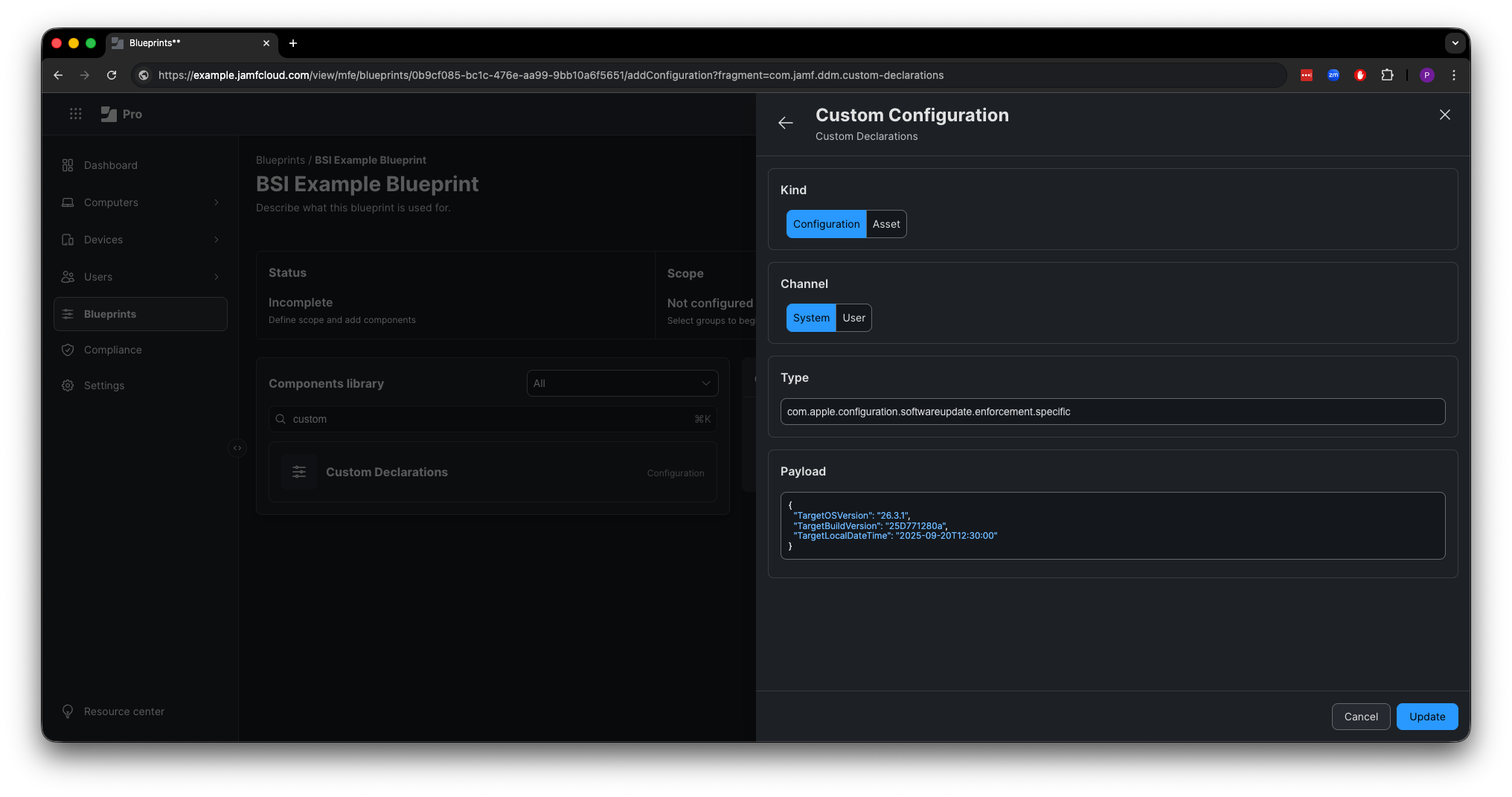 Image of Jamf Pro custom declaration using the com.apple.configuration.softwareupdate.enforcement.specific declaration type, and a payload containing the BSI build version and OS version