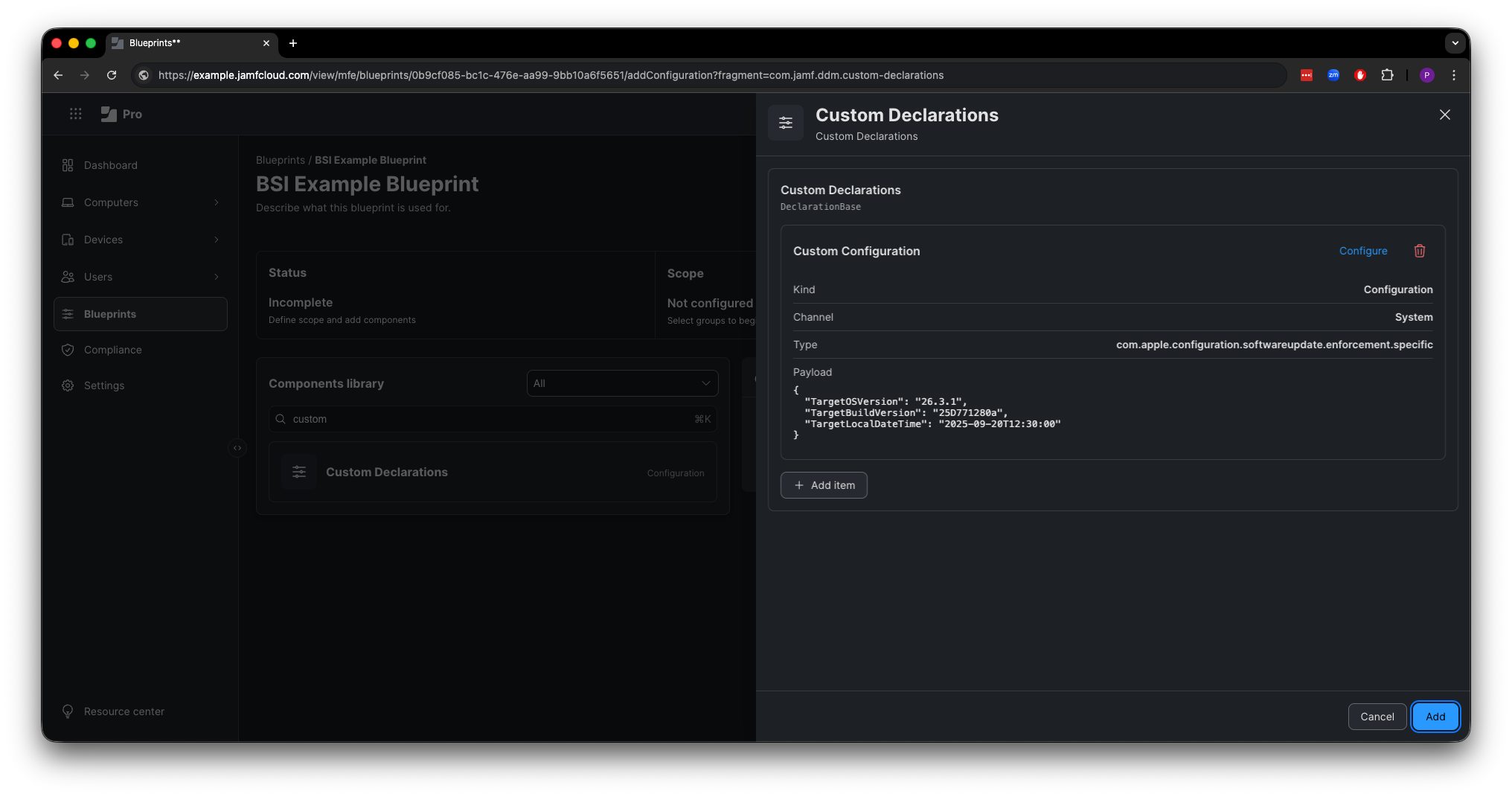 Image showing the confirmation of the custom declaration configuration