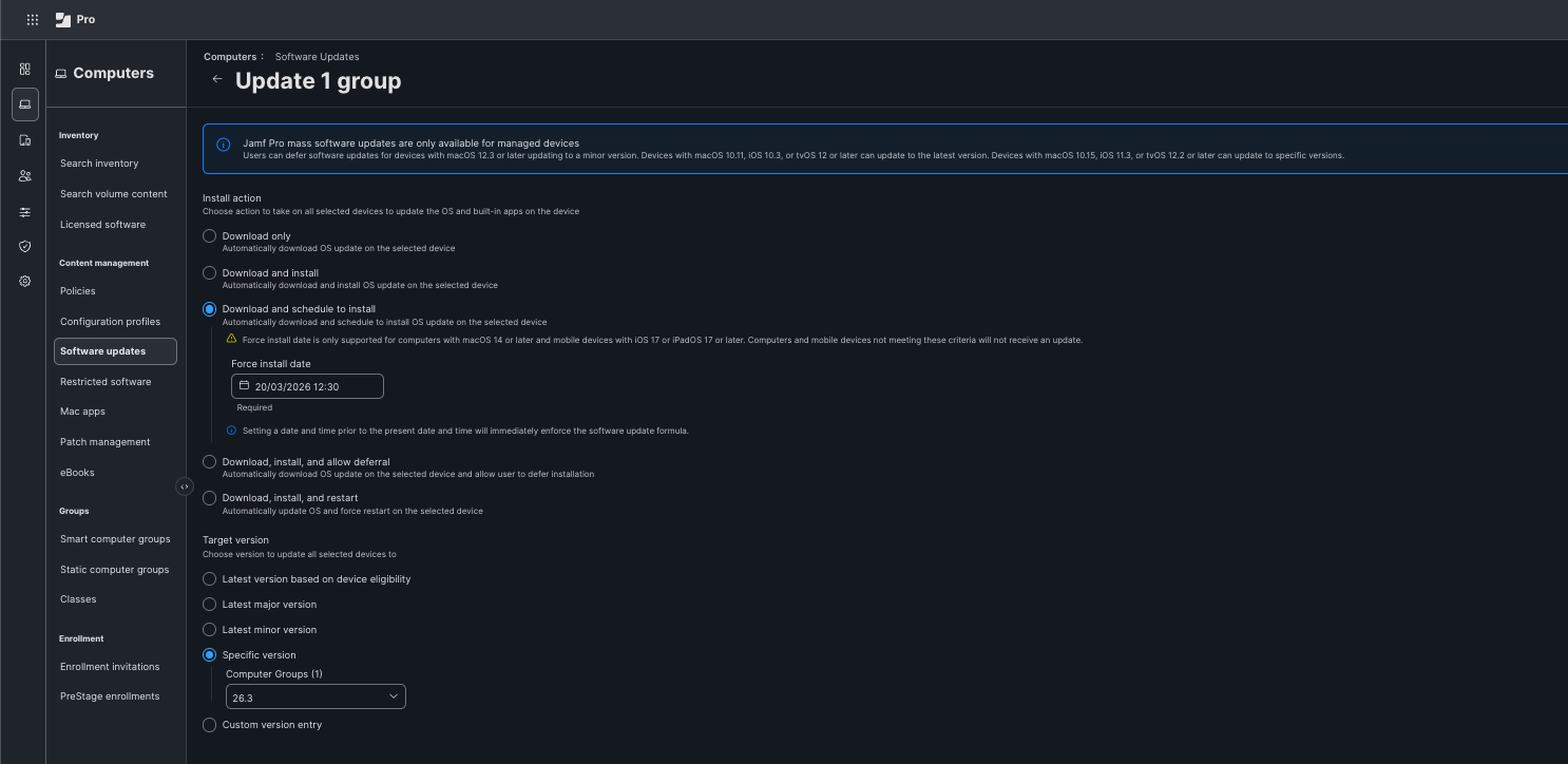 Image of Jamf Software update plan pushing 26.3.1