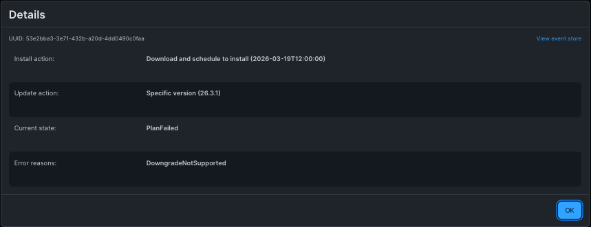 Image of plan showing failure on computer record with failure reason of DowngradeNotSupported