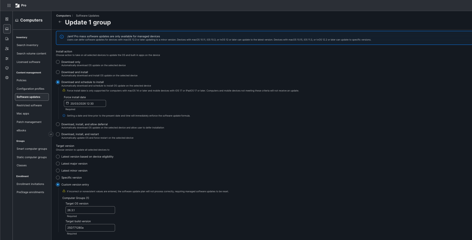Image of Jamf Software update plan pushing 26.3.1 with a custom build version entry