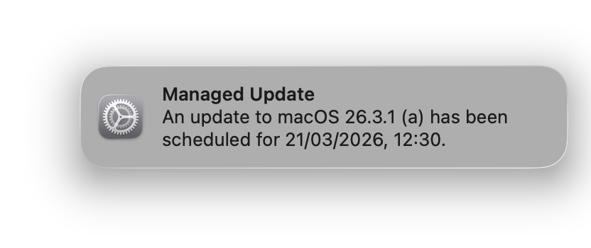 Close up image of a Unified Notification Centre notification advising of a managed update to 26.3.1 (a)