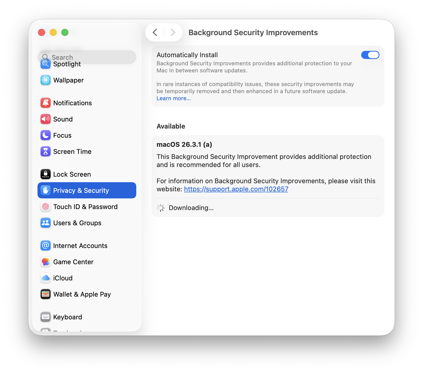 Image of System Settings open to the Background Security Improvements extension