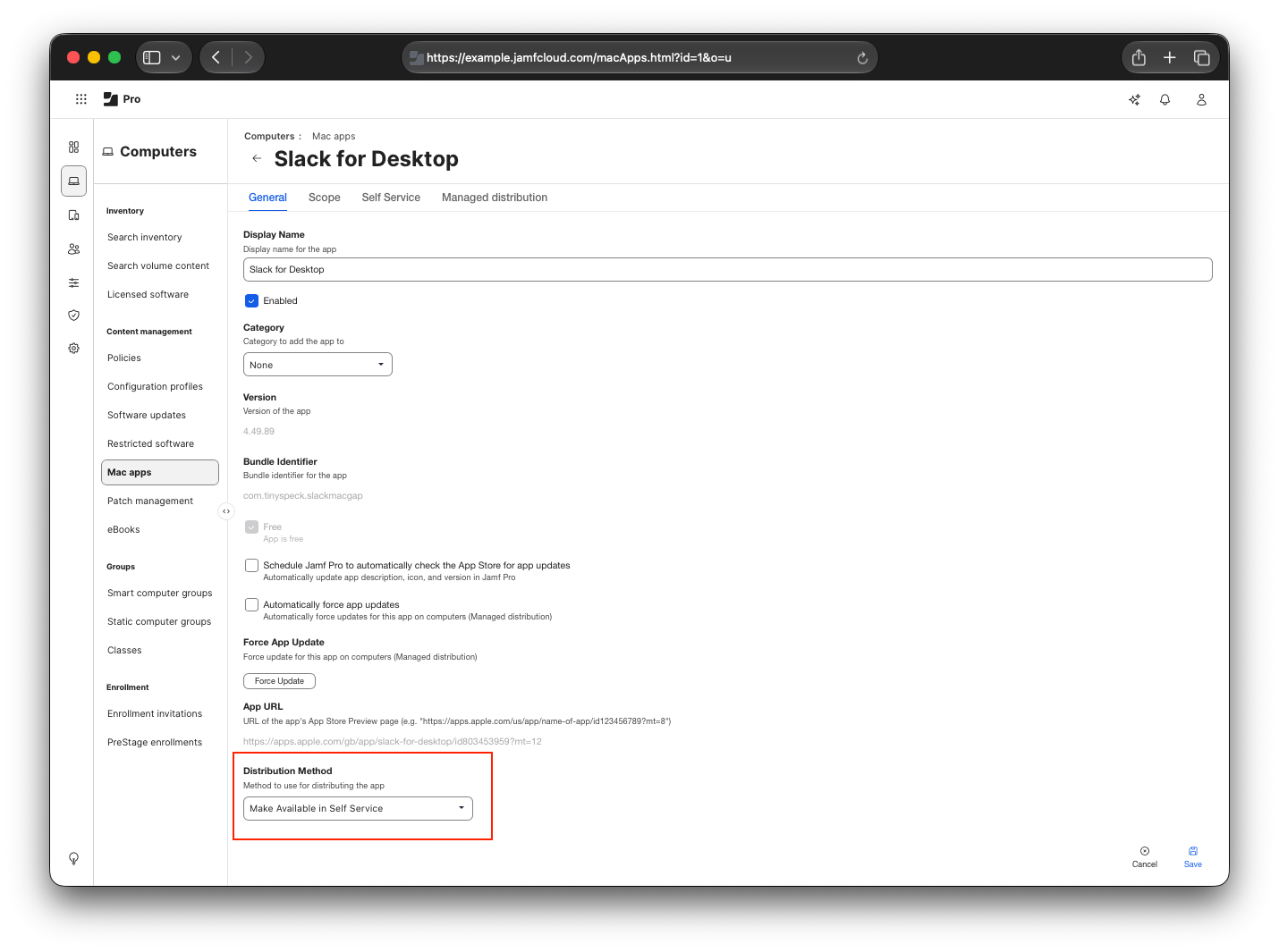Slack for Desktop app setting shown in Jamf Pro, highlighting Distribution Method is set to "Make Available in Self Service"