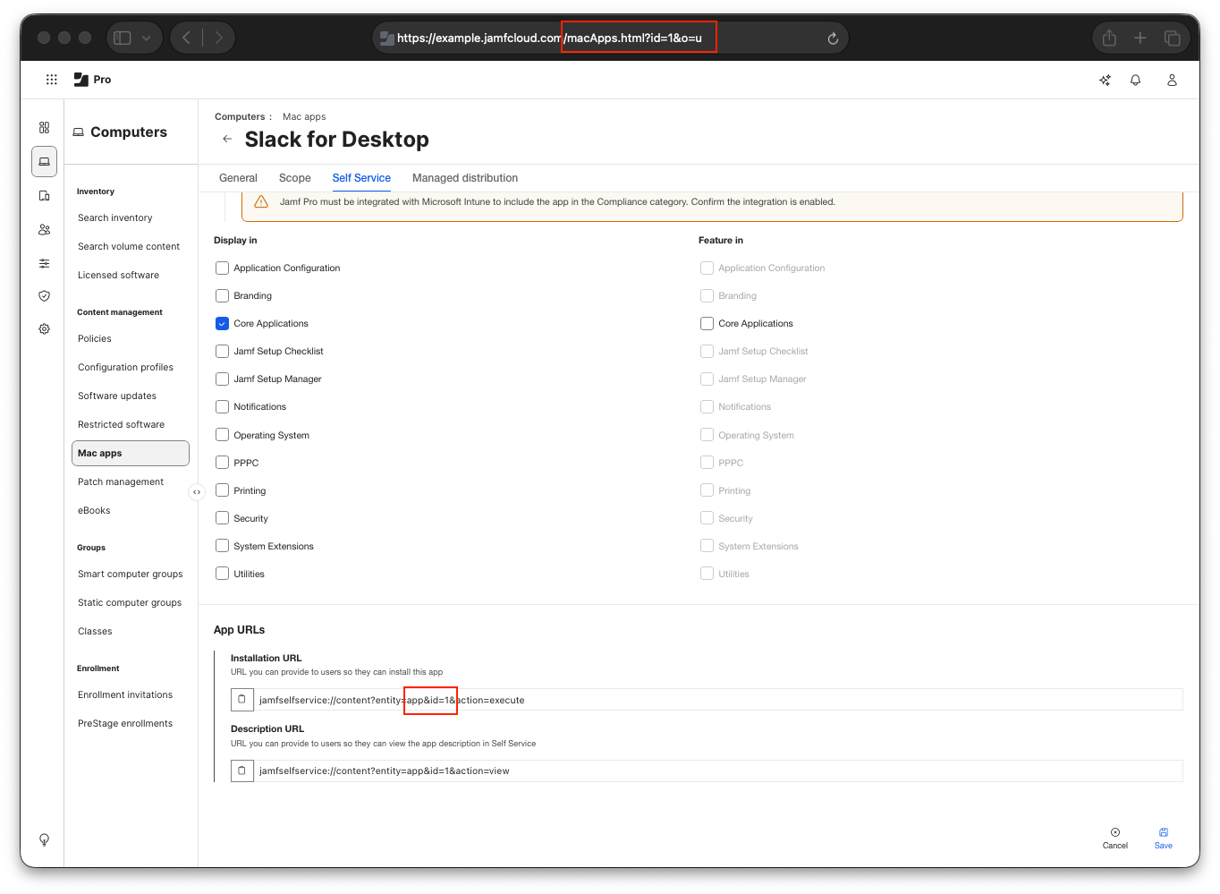 Slack for Desktop Self Service settings shown in Jamf Pro, highlighting the app ID in the Site URL, and also in the App URLs section