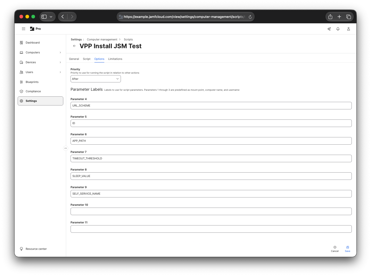 VPP Install script in Jamf Pro showing the parameter labels