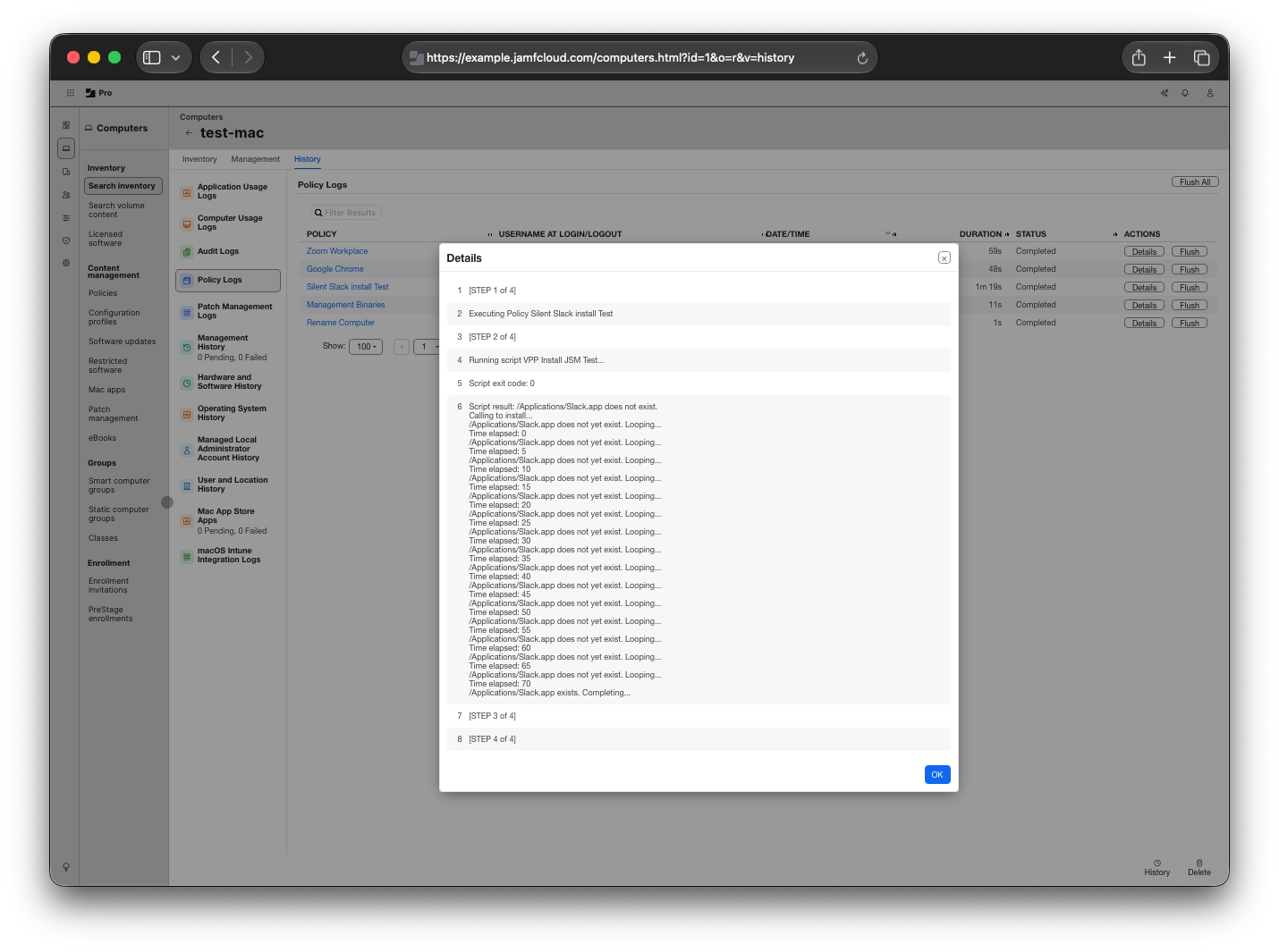 Slack install policy logs from Jamf Pro