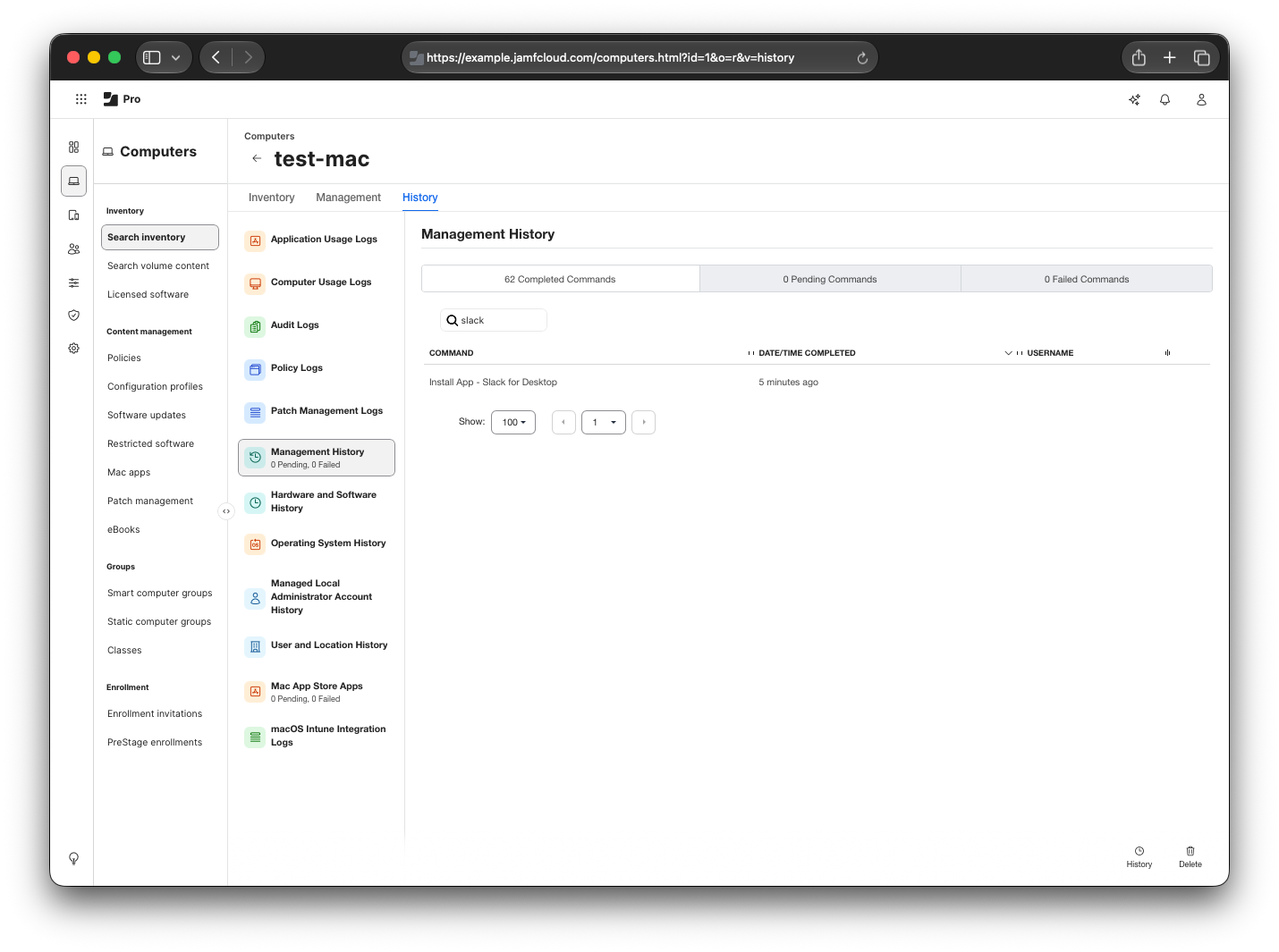 Management command history showing a successful command to install Slack for Desktop