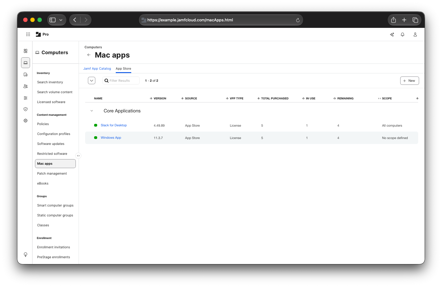 Jamf Pro Mac Apps section showing Slack for Desktop, and Windows app under the App Store header