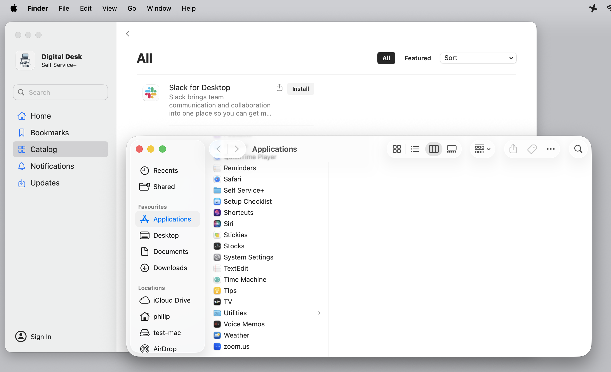 Jamf SSP showing Slack as available with a button to install, and Finder showing the Applications directory, without Slack being present