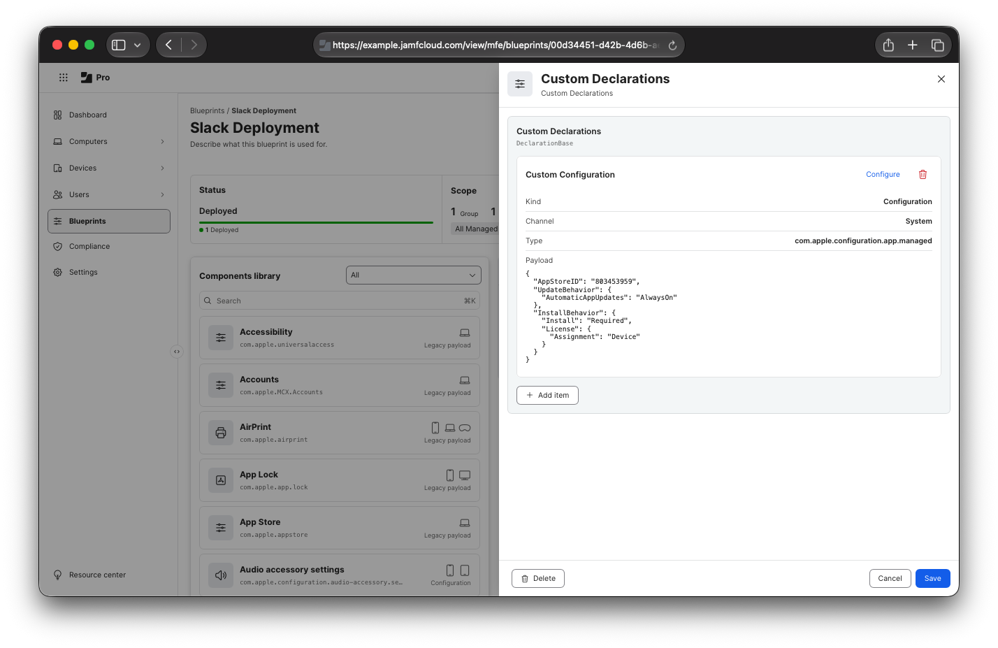 Slack deployment Blueprint showing deployed, and showing the contents of the custom declaration