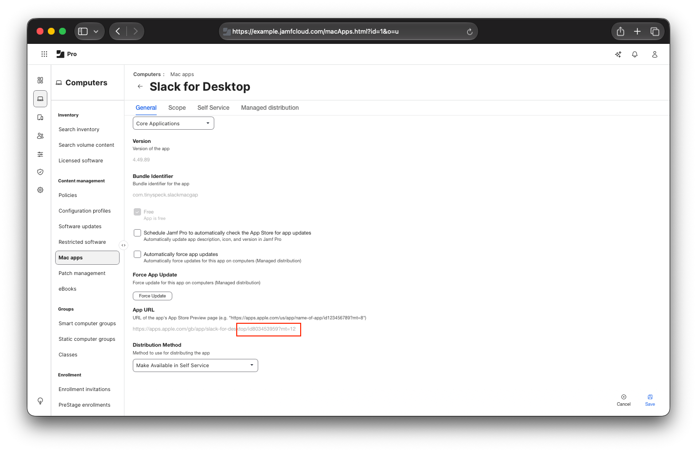 Jamf Pro Mac Apps section showing the Slack for Desktop general settings, with the ID in the URL highlighted