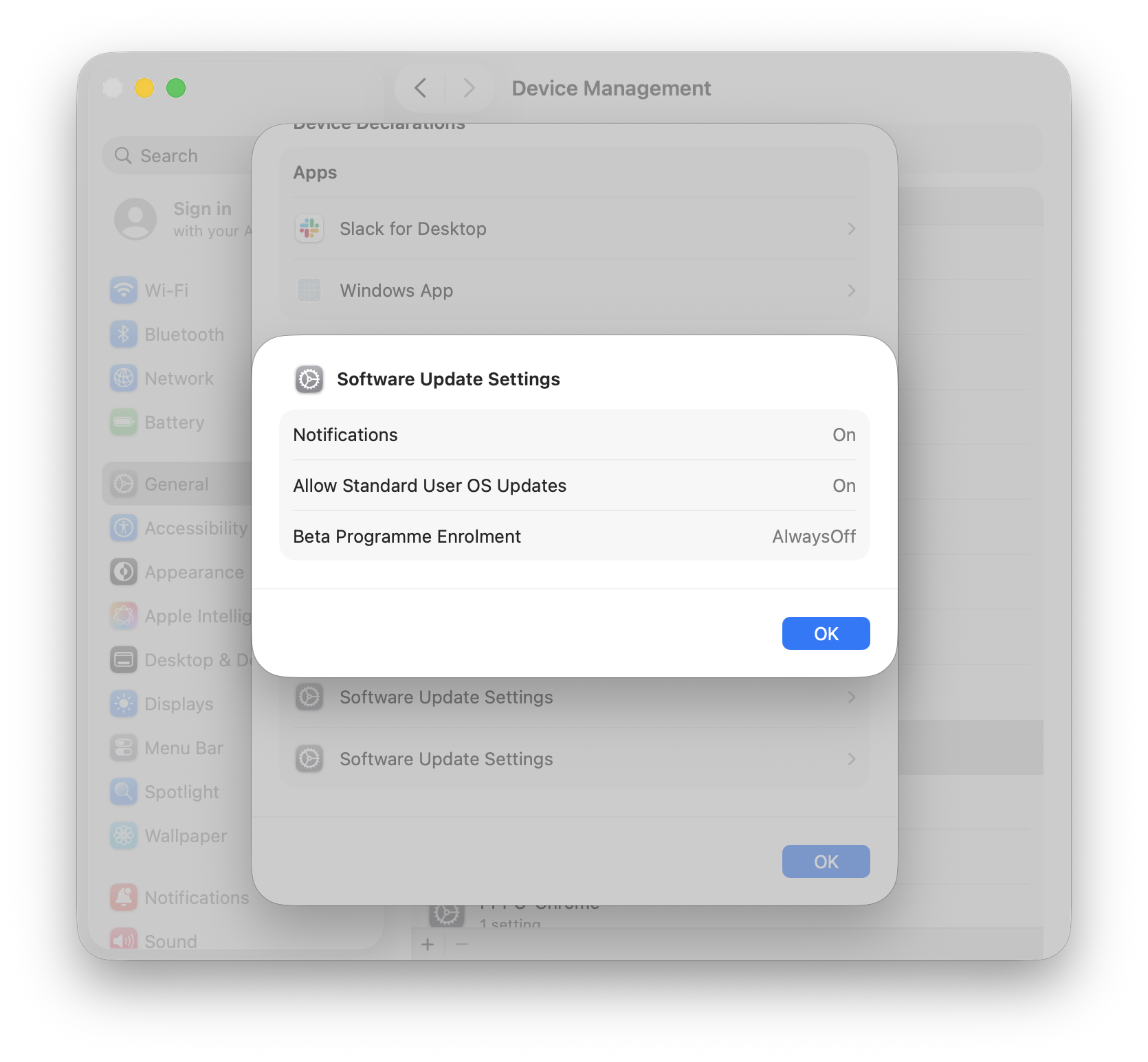 System Settings showing the configuration settings with the custom declaration