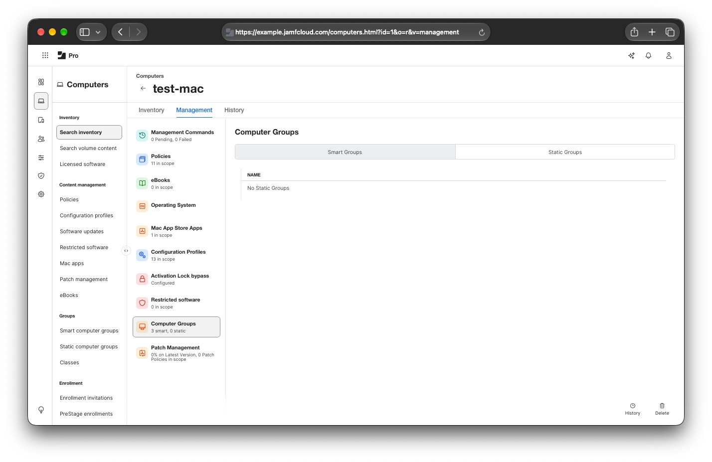 Computer record in Jamf Pro showing static group memberships of device