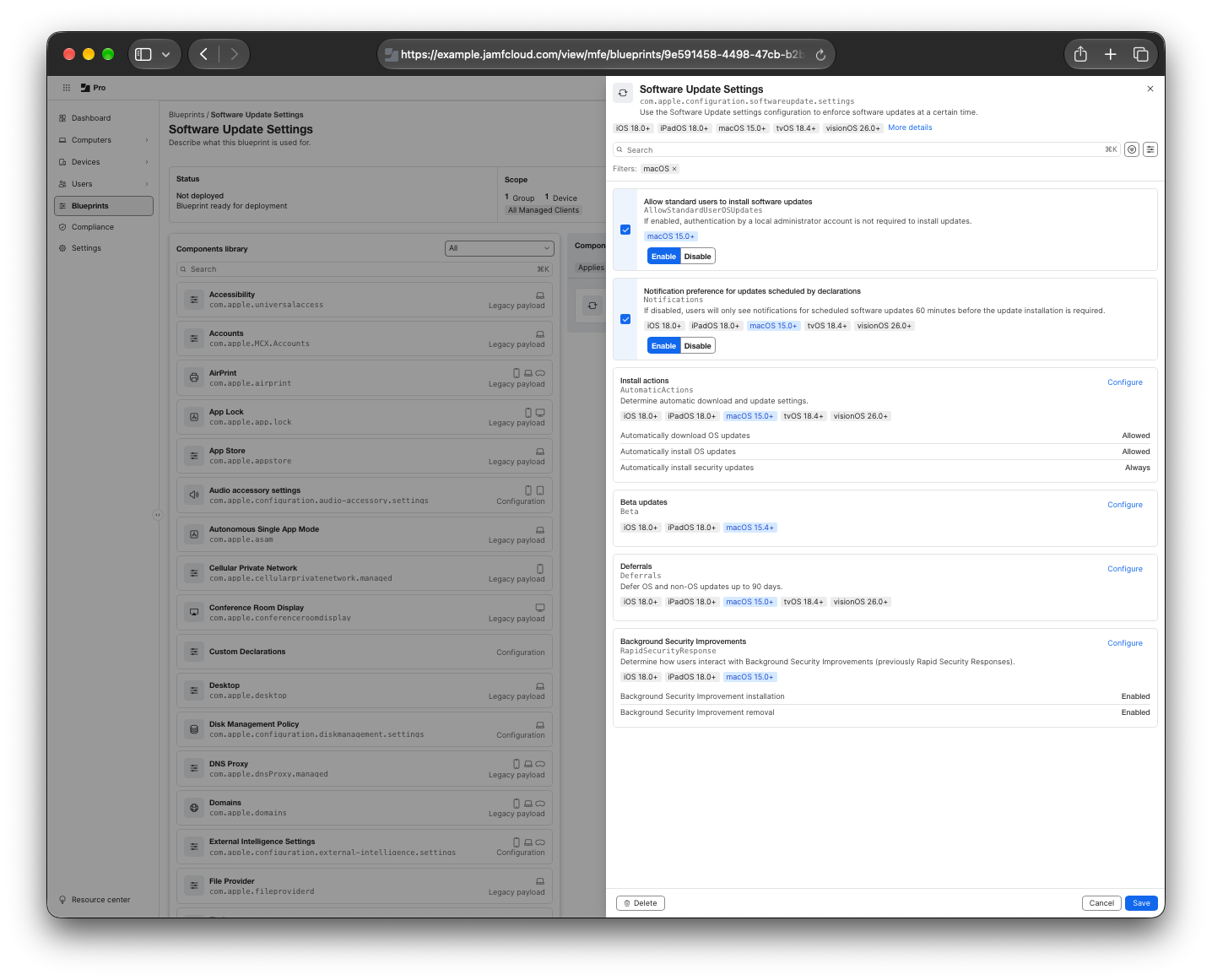 Screenshot of Software Update Settings Blueprint, with no beta controls applied.