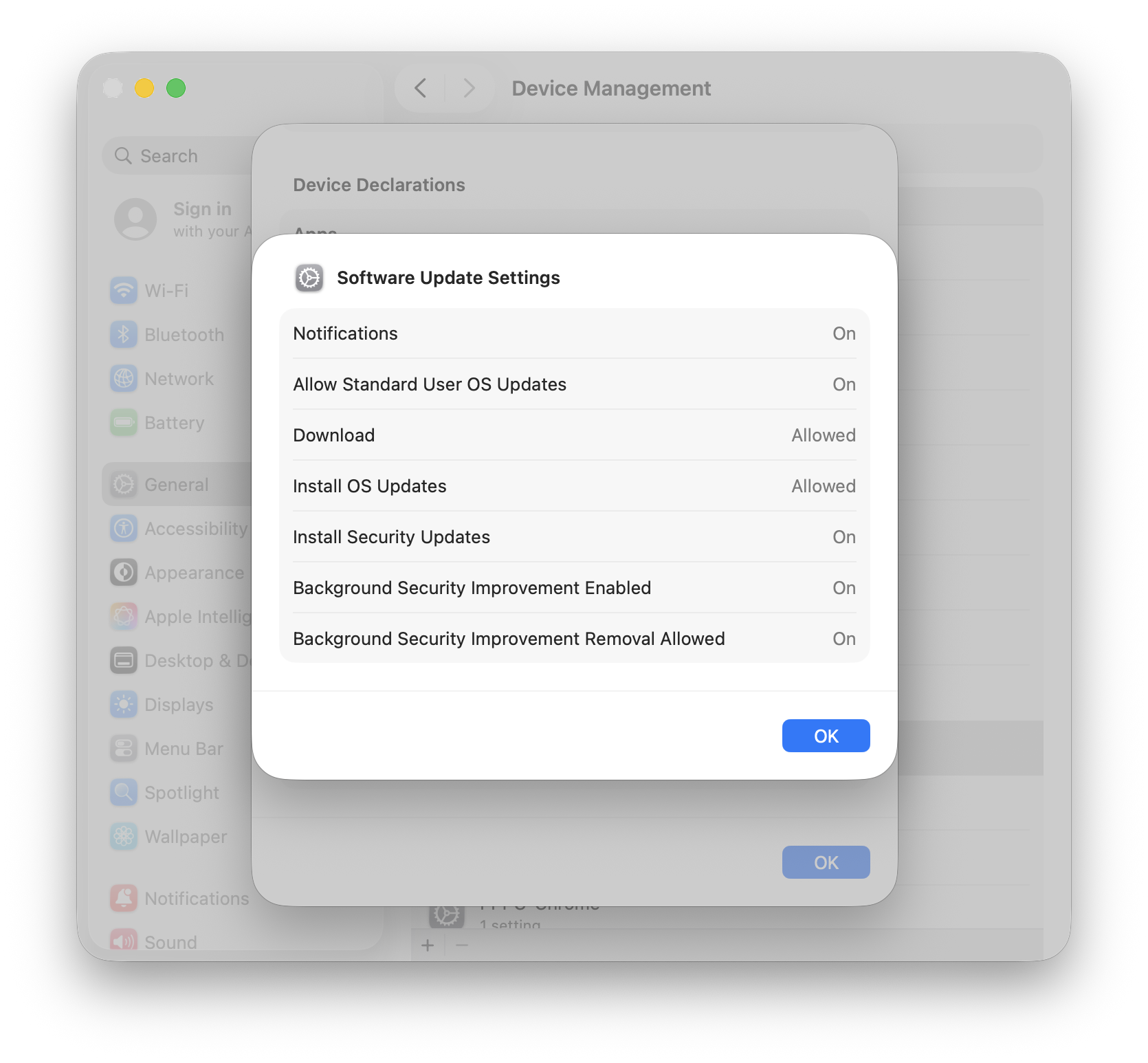 Declaration configuration shown in System Settings on the Client