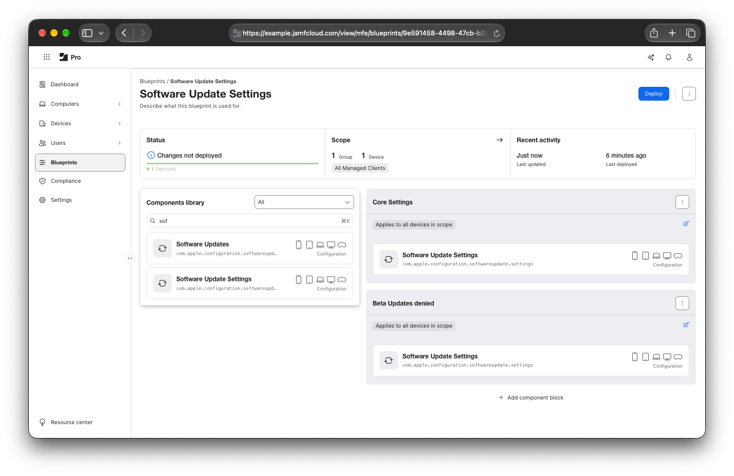 Software Update Settings blueprint with second component block added, titled "Beta Updates denied". This block contains a Software Update Settings payload