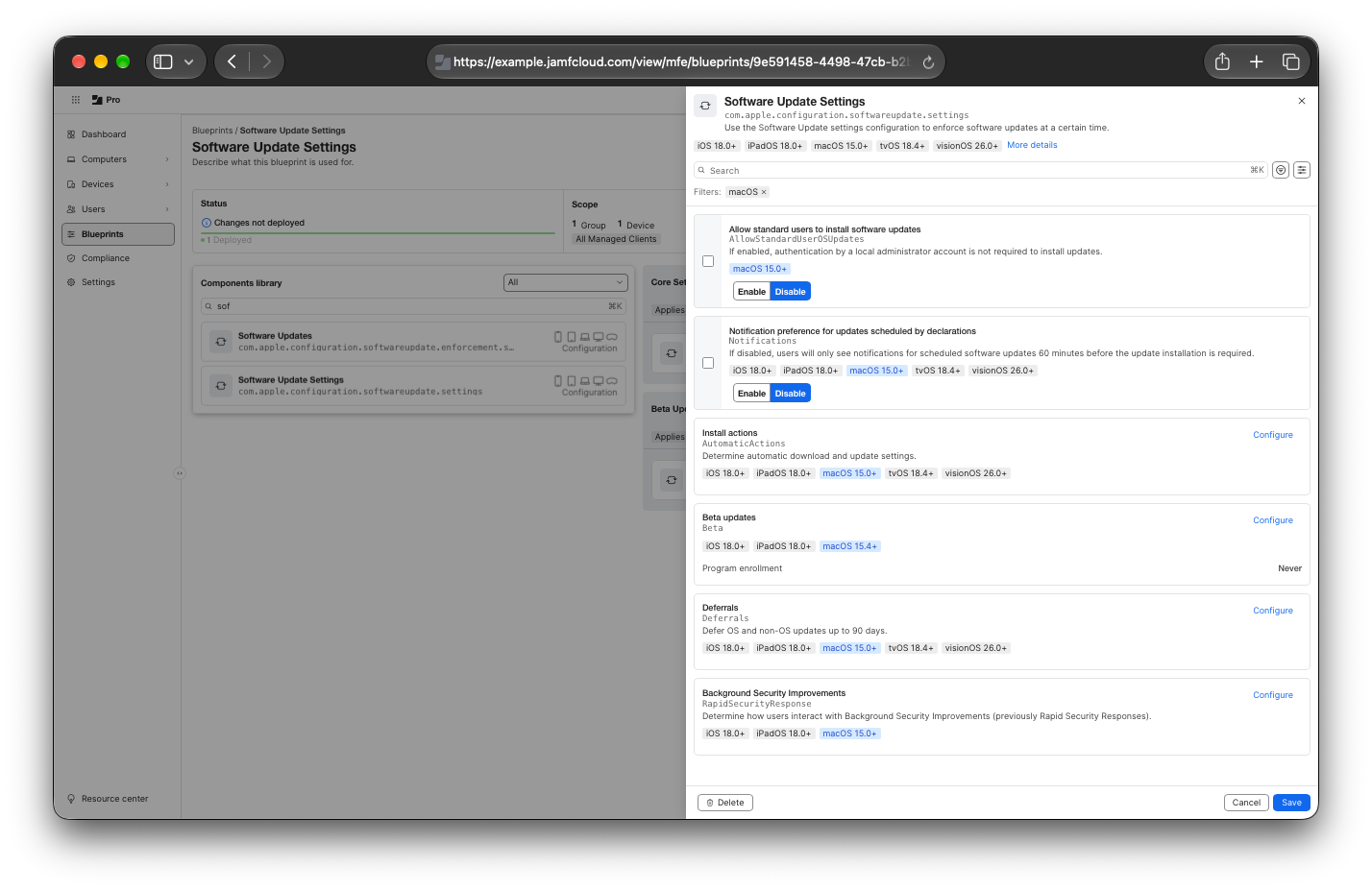 Configuration of the Software Update Settings configuration in the beta updates denied component block