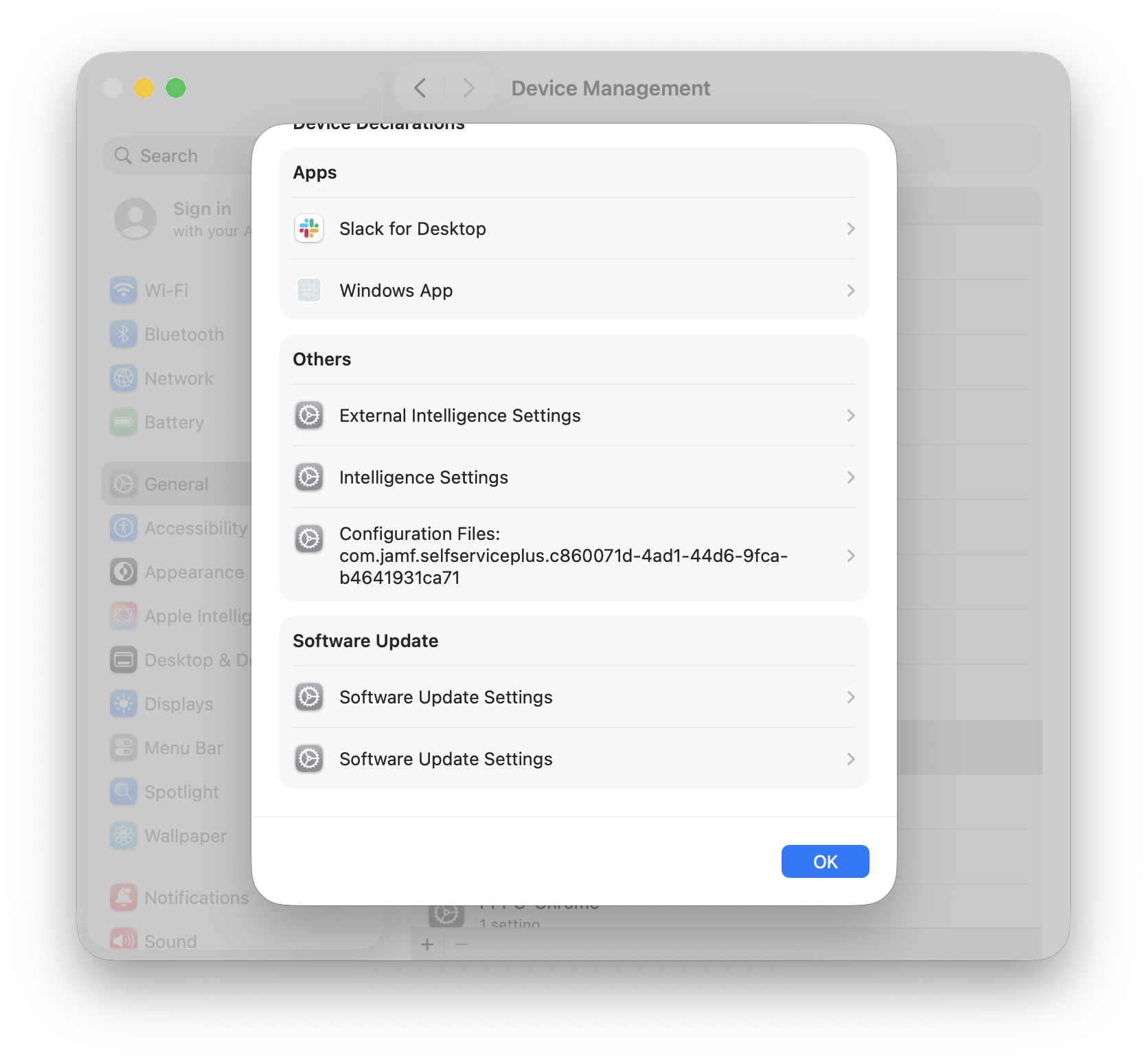 Two Software Update Settings declarations listed in System Settings