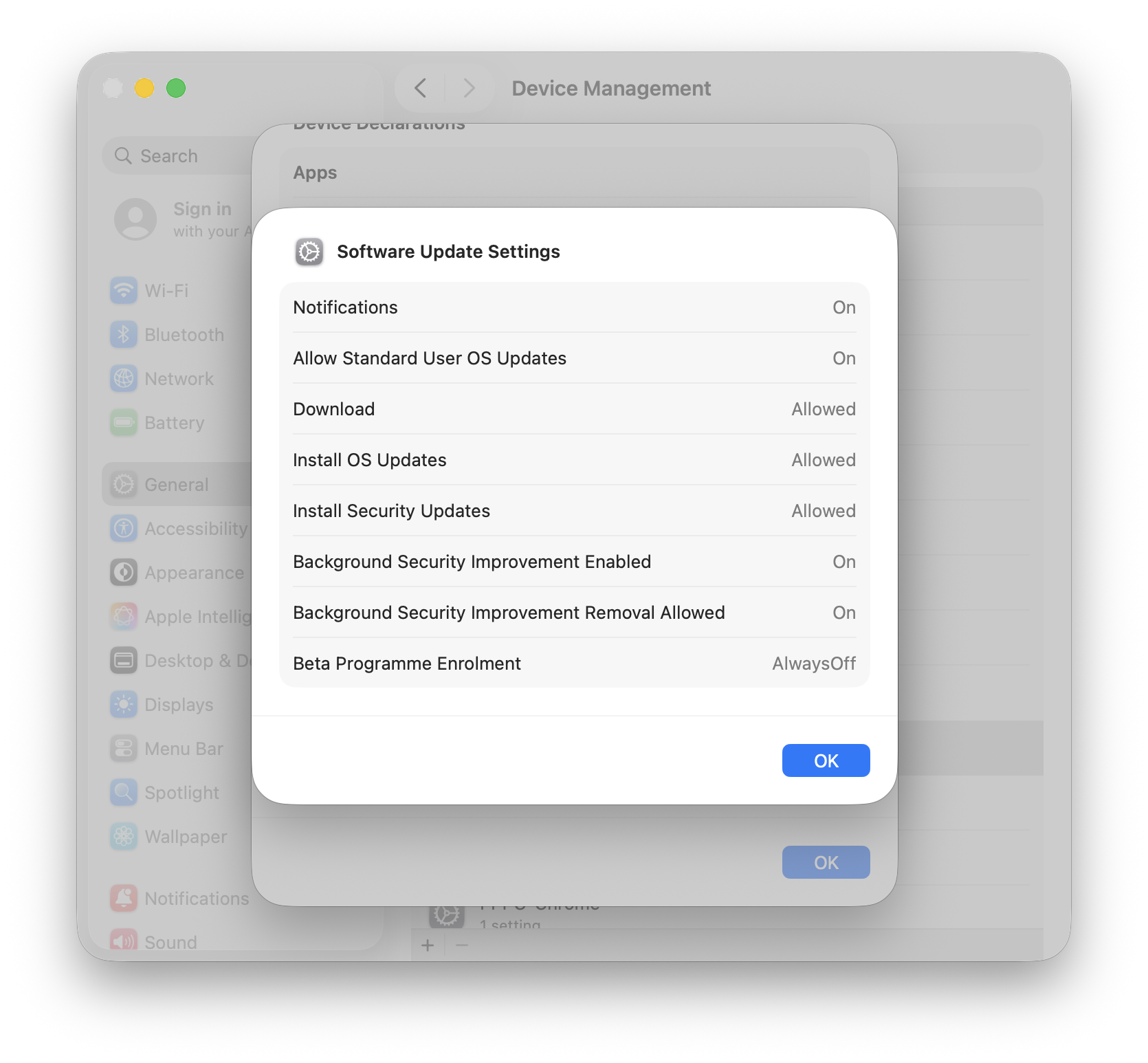 Second software update settings configuration, denying Beta with other settings set