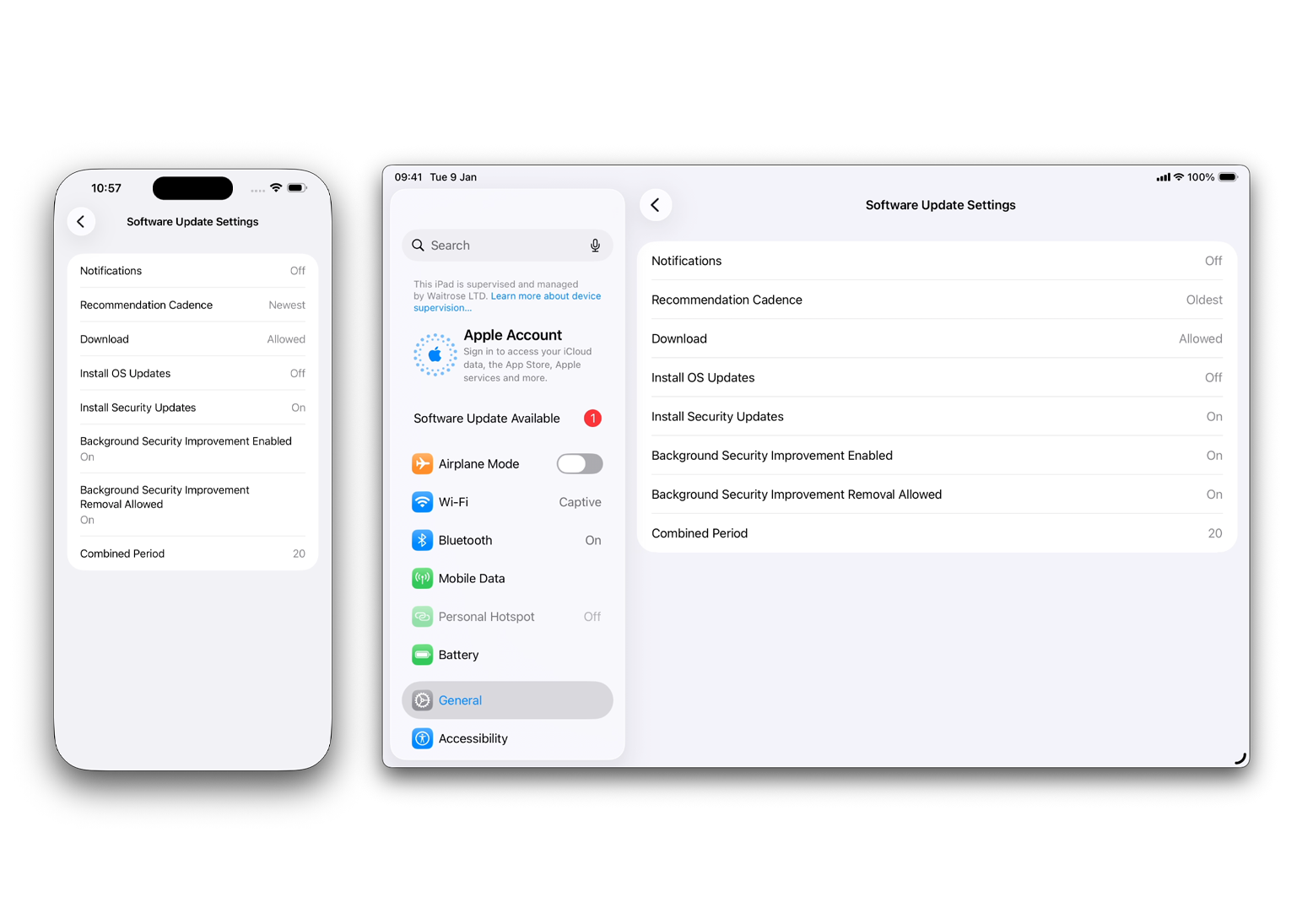 Software Update settings configuration view with cadence showing oldest on iPad and newest on iPhone