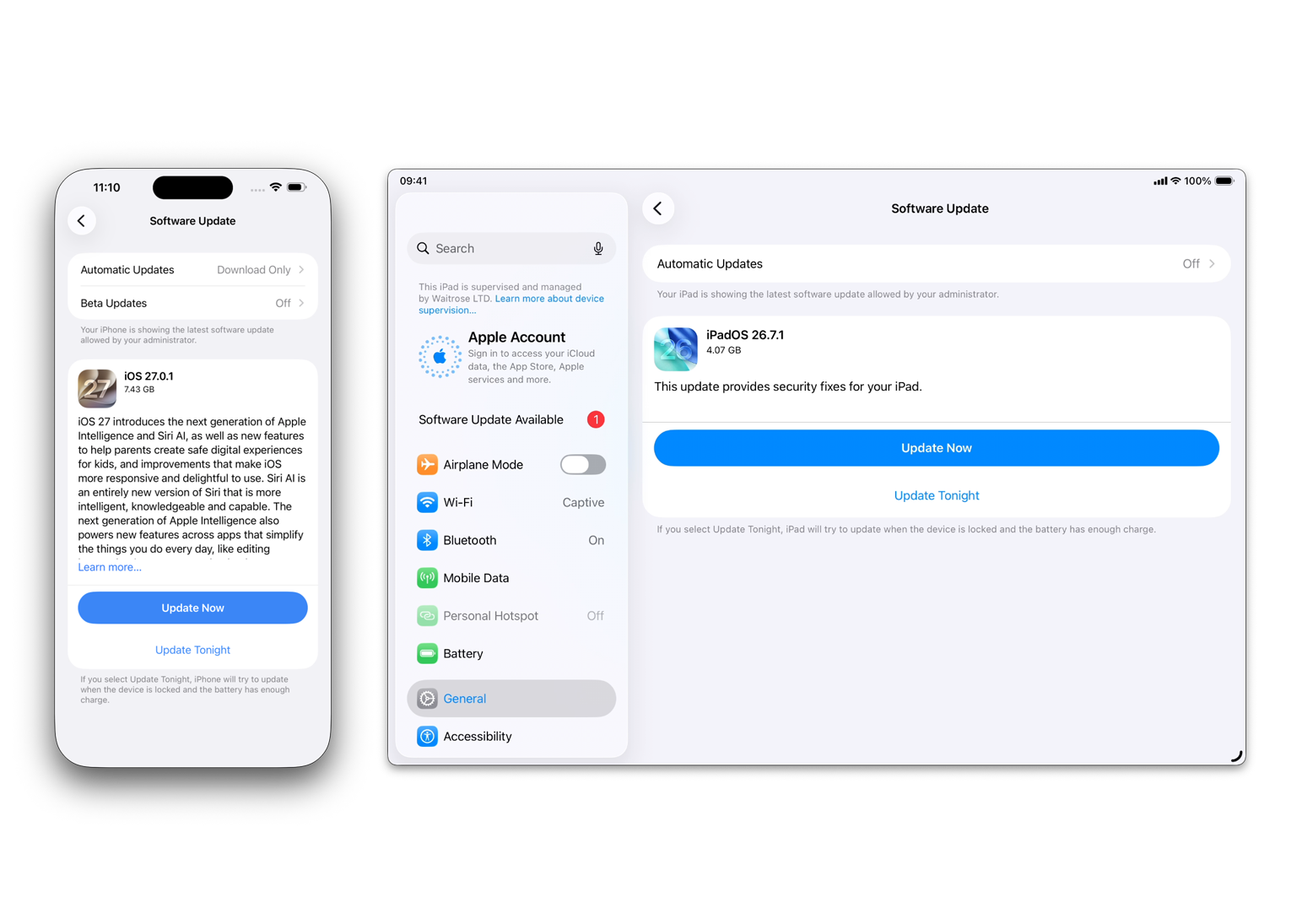 Software updates offered to the iPhone and iPad with the cadence set to Newest and Oldest respectively, with no deferral hiding available updates